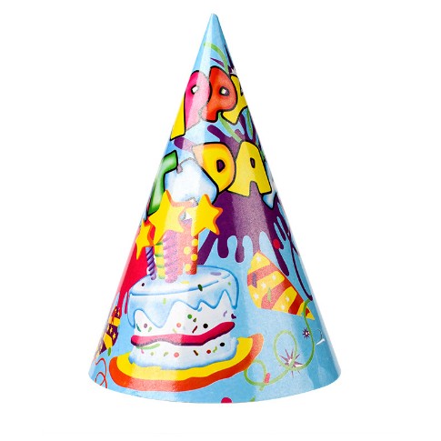 Set 6 Coifuri Petrecere Copii, Pălării Aniversare Happy Birthday, Carton Ușor, Multicolor, 20 x 13.5 cm
