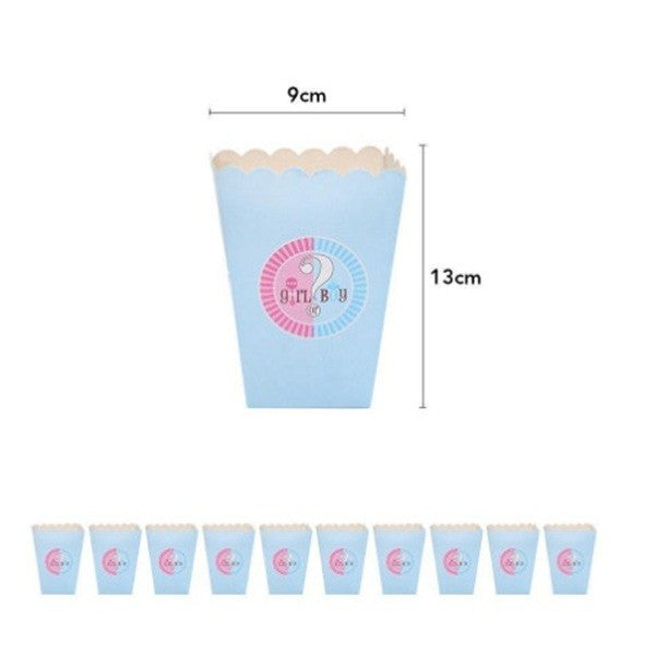 Set 6 Cutii Popcorn Gender Reveal, Recipiente Servire Gustări Girl or Boy, Carton Alb, 13 x 9 cm, Roz și Albastru, 6 Bucăți