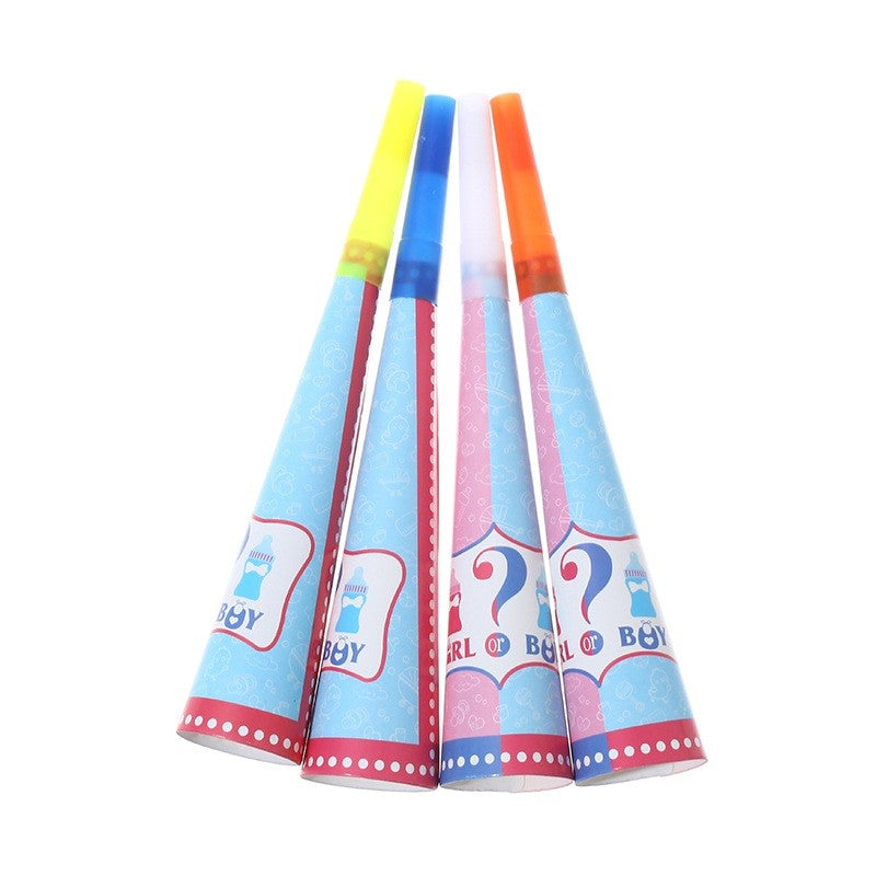 Set 6 Suflatori Gender Reveal, Trompete Petrecere Girl or Boy, Carton si Plastic, 20 x 5 cm, Roz si Albastru, 6 Bucati
