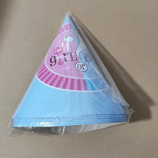 Set Coifuri Gender Reveal, Model Girl or Boy cu Elastic, Carton Rezistent, Roz si Albastru, 20 x 14 cm, 6 Bucati