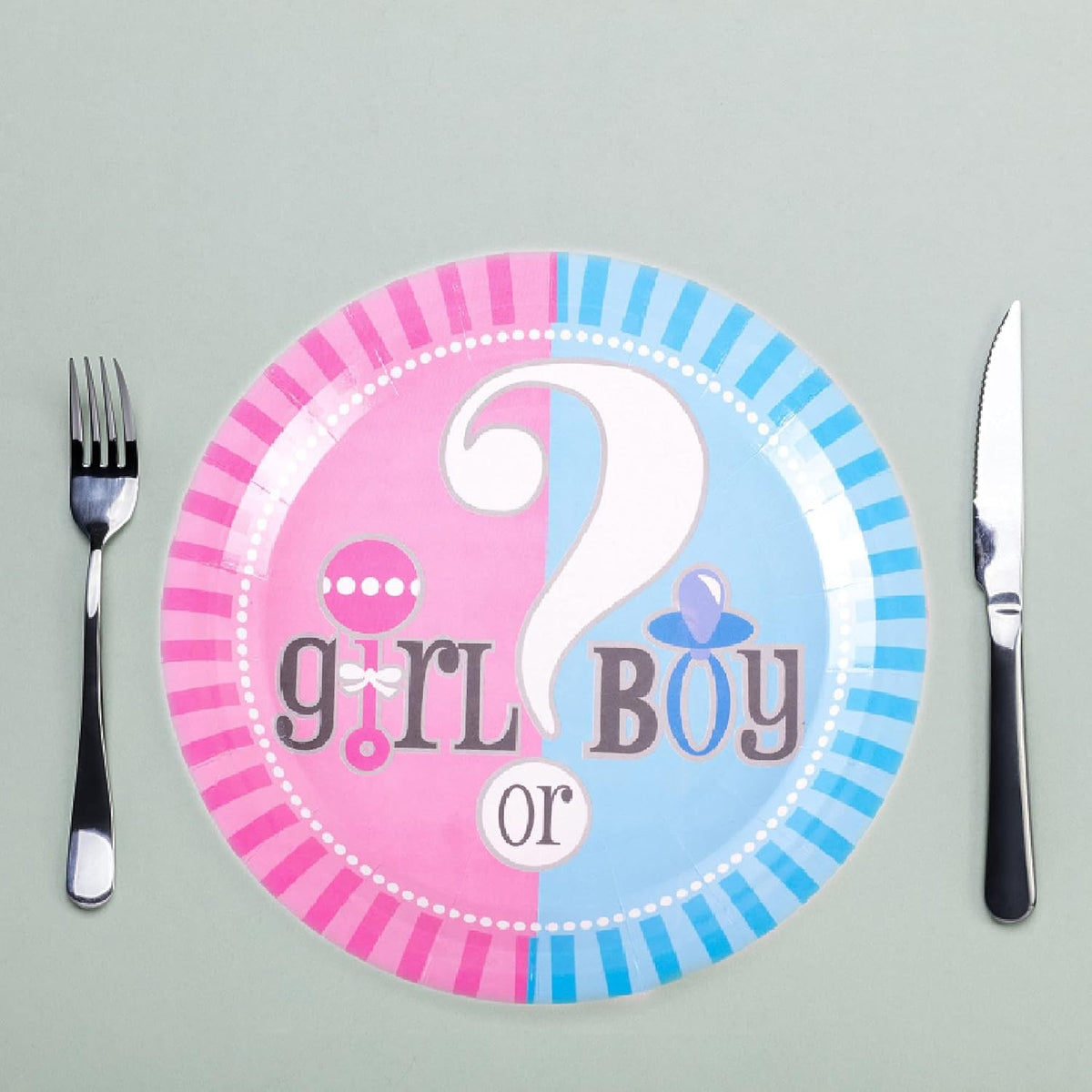 Set 10 Farfurii Gender Reveal, Model Girl or Boy, Farfurii Tematice pentru Petrecere Dezvăluire Sex Bebelus, Carton Biodegradabil, 18 cm, Roz/Albastru