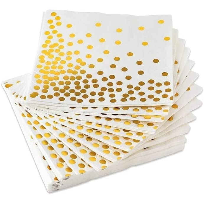 Set 20 Șervețele de Masă Festive, Imprimeu Buline Aurii, Hârtie Absorbantă, Alb, 17 x 17 cm