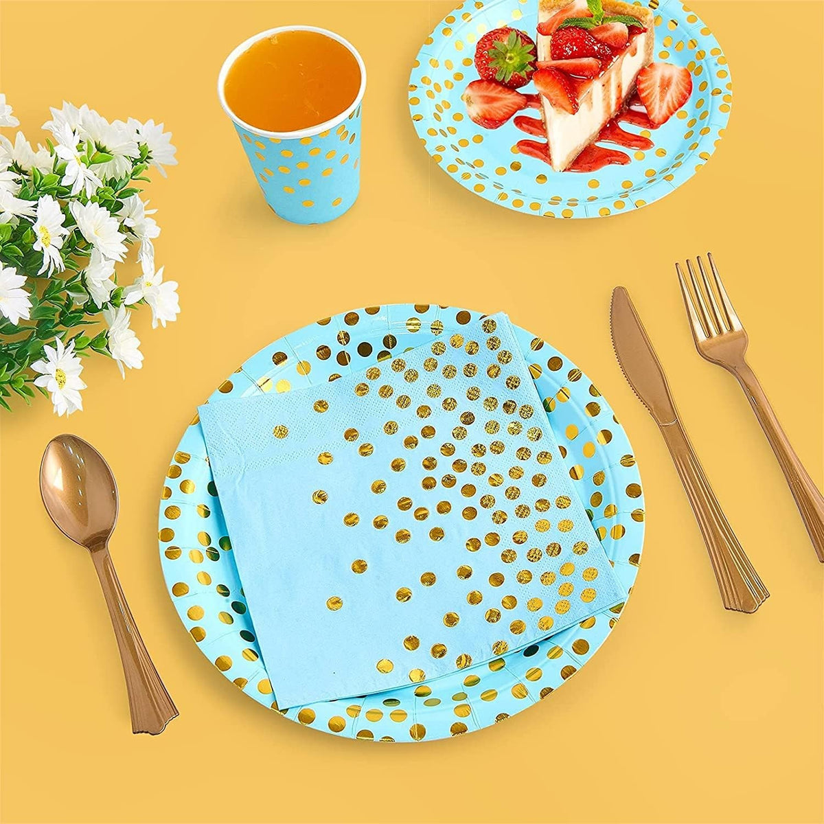 Set 10 Farfurii de Unica Folosinta pentru Petreceri, Imprimeu Elegant cu Buline, Carton si Plastic, 18 cm, Albastru/Auriu