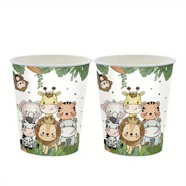 Set 10 Pahare de Unică Folosință, Imprimeu Animale din Junglă, Decor Petreceri Copii, Carton Eco-friendly, 7 x 8.5 cm, Verde/Alb