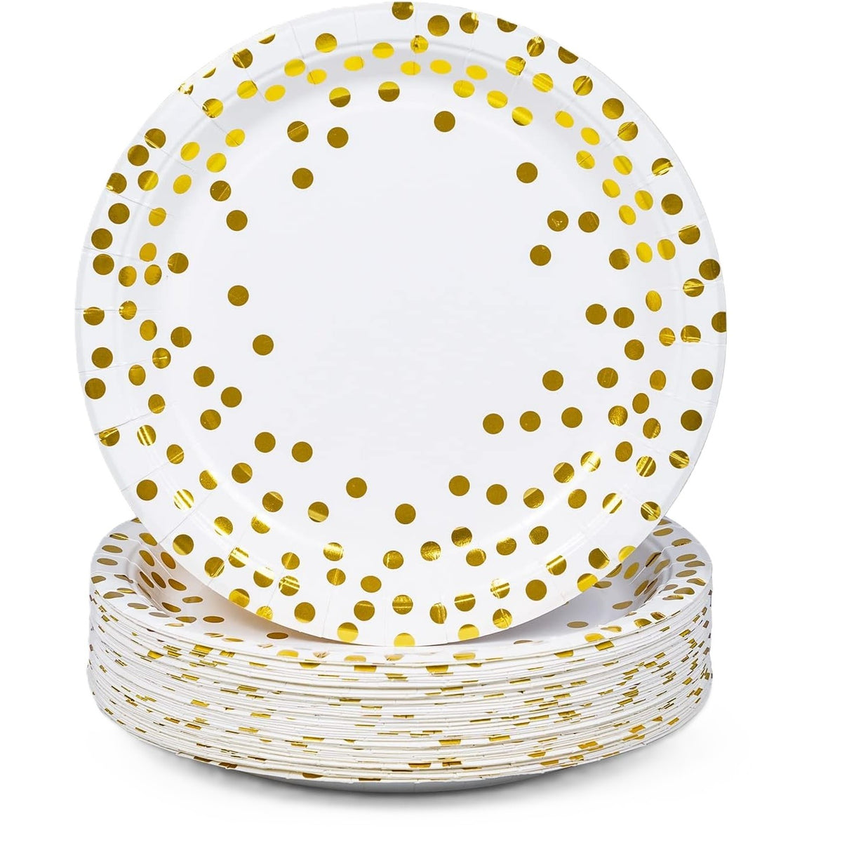 Set 10 Farfurii de Unica Folosinta pentru Petreceri, Imprimeu Elegant cu Buline, Carton Rezistent, Diametru 23 cm, Alb/Auriu