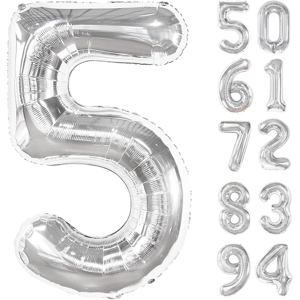 Balon Aniversar Cifra 5, Figurina din Folie de Aluminiu, Umflare cu Aer sau Heliu, Pai Inclus, Argintiu, 80 cm