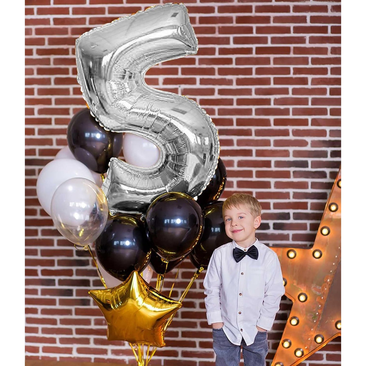 Balon Aniversar Cifra 5, Figurina din Folie de Aluminiu, Umflare cu Aer sau Heliu, Pai Inclus, Argintiu, 80 cm