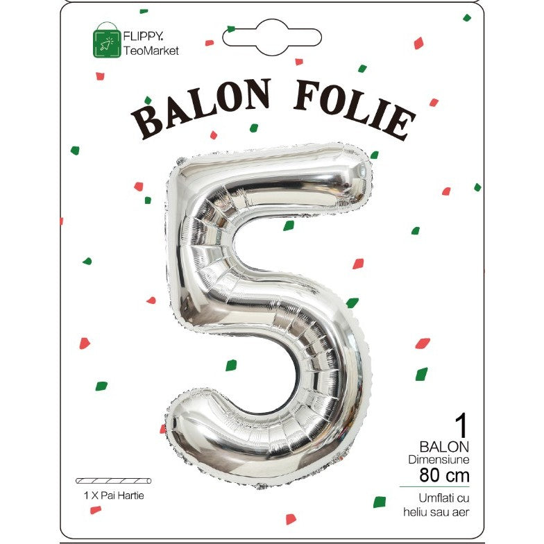 Balon Aniversar Cifra 5, Figurina din Folie de Aluminiu, Umflare cu Aer sau Heliu, Pai Inclus, Argintiu, 80 cm