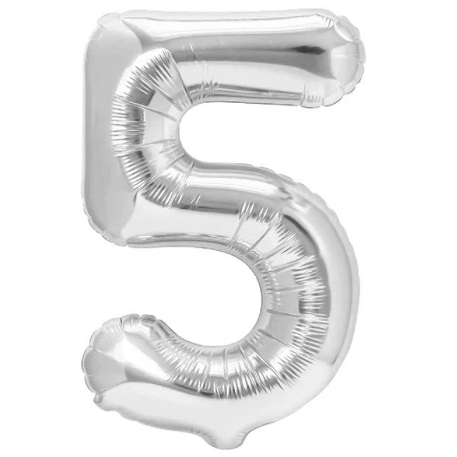 Balon Aniversar Cifra 5, Figurina din Folie de Aluminiu, Umflare cu Aer sau Heliu, Pai Inclus, Argintiu, 80 cm