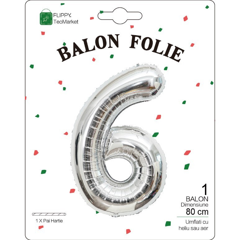 Balon Figurina Cifra 6, Balon Aniversar din Folie Metalizata de Aluminiu, Umflare cu Aer sau Heliu, Include Pai de Umflare, Argintiu, 80 cm
