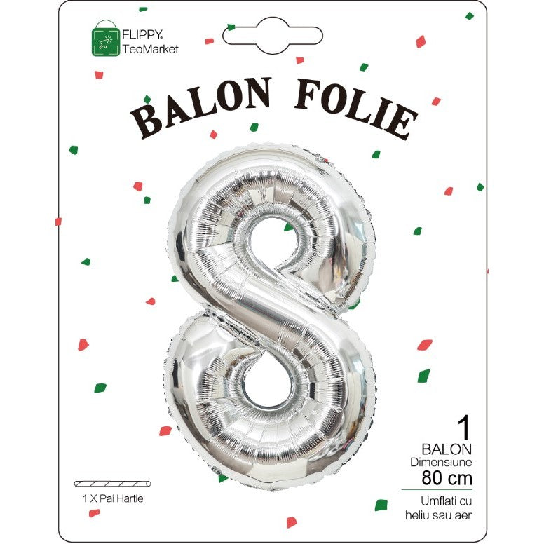 Balon Aniversar Cifra 8, Figurina din Folie Metalizata, Umflare Aer sau Heliu, Include Pai, Argintiu, 80 cm