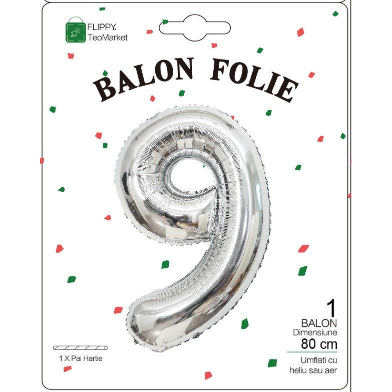 Balon Figurina Cifra 9, Balon Aniversar din Folie Metalizata, Umflare Aer sau Heliu, Include Pai Umflare, 80 cm, Argintiu