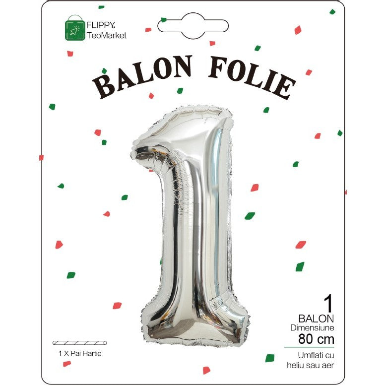 Balon Aniversar Cifra 1, Figurina Din Folie Metalizata, Umflare Aer Sau Heliu, Include Pai, Inaltime 80 cm, Argintiu