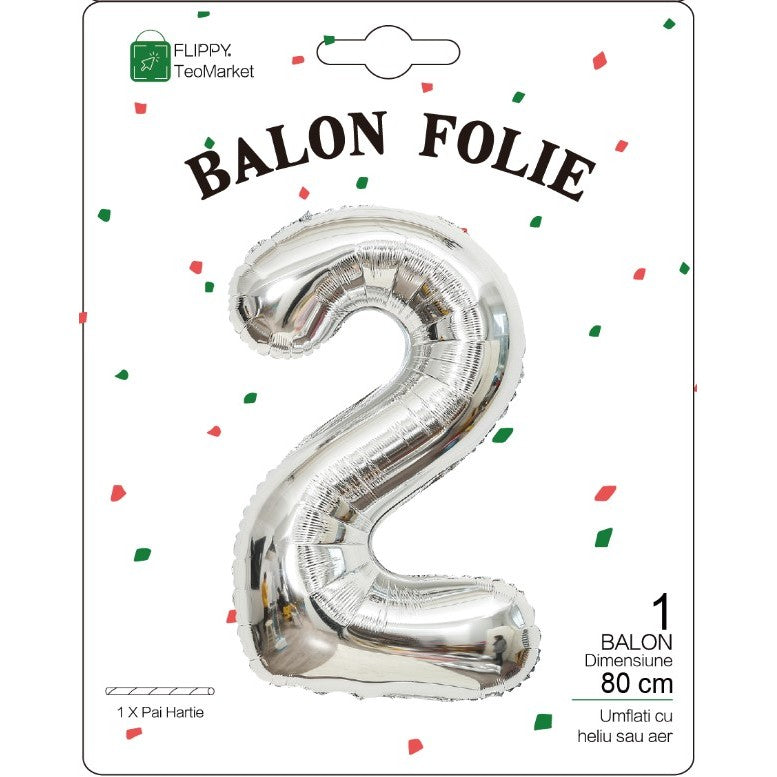 Balon Aniversar Cifra 2, Figurina Gigant din Folie Metalizata, Umflare Aer sau Heliu, Inaltime 80 cm, Include Pai, Argintiu