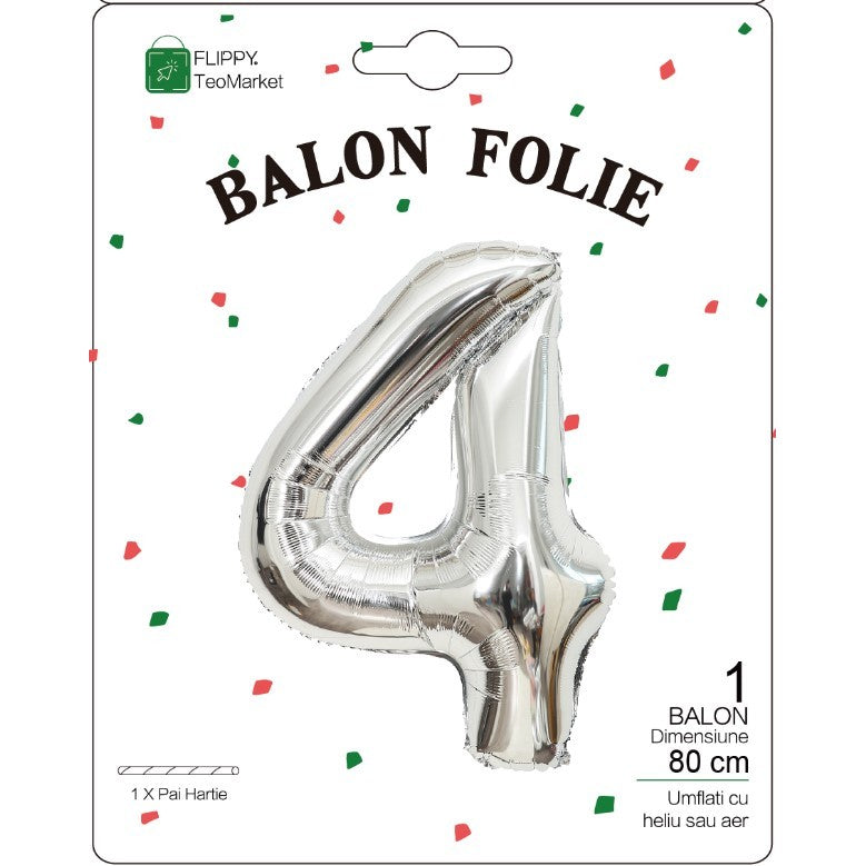 Balon Aniversar Cifra 4, Figurina din Folie Metalizata, Umflare Aer sau Heliu, Argintiu, 80 cm