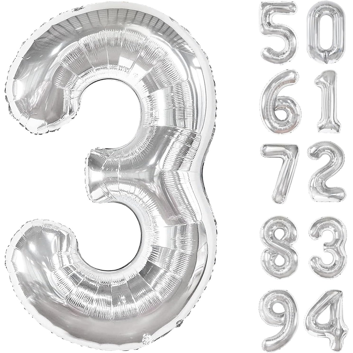 Balon din Folie Metalizata, Figurina Cifra 3 pentru Aniversare, Umflare cu Aer sau Heliu, Include Pai, 80 cm, Argintiu