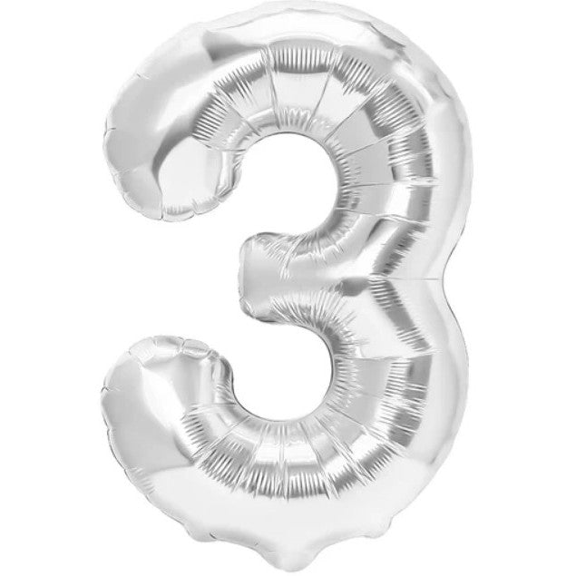 Balon din Folie Metalizata, Figurina Cifra 3 pentru Aniversare, Umflare cu Aer sau Heliu, Include Pai, 80 cm, Argintiu