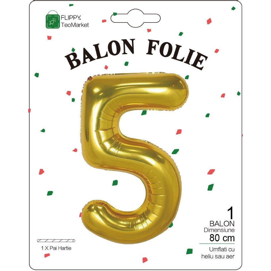 Balon Aniversar Cifra 5, Figurina din Folie Metalizata, Umflare Aer sau Heliu, Include Pai, 80 cm, Auriu