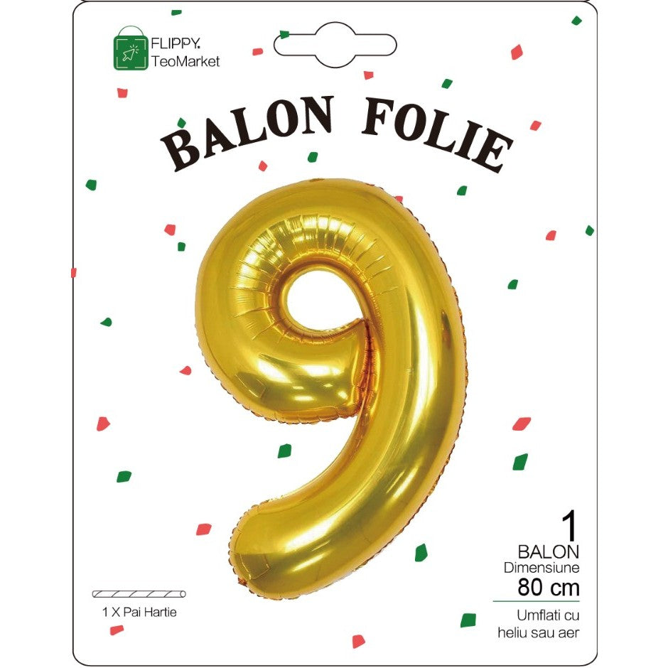 Balon Aniversar Cifra 9, Figurina din Folie Metalizata, Umflare cu Aer sau Heliu, Include Pai de Umflare, 80 cm, Auriu