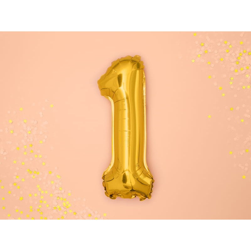 Balon din Folie Metalizata Cifra 1, Figurina Aniversara pentru Petrecere, Umflare Aer sau Heliu, include Pai, 80 cm, Auriu