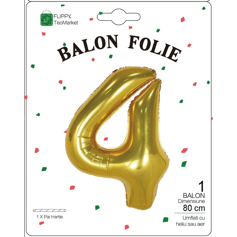 Balon Aniversar Cifra 4, Figurina din Folie Metalizata, Umflare cu Aer sau Heliu, Inclus Pai pentru Umflare, 80 cm, Auriu