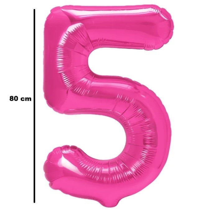Balon Aniversar Cifra 5, Figurina Gigant pentru Petrecere, Umflare Aer sau Heliu, Folie Metalizata, 80 cm, Roz, Pai Inclus