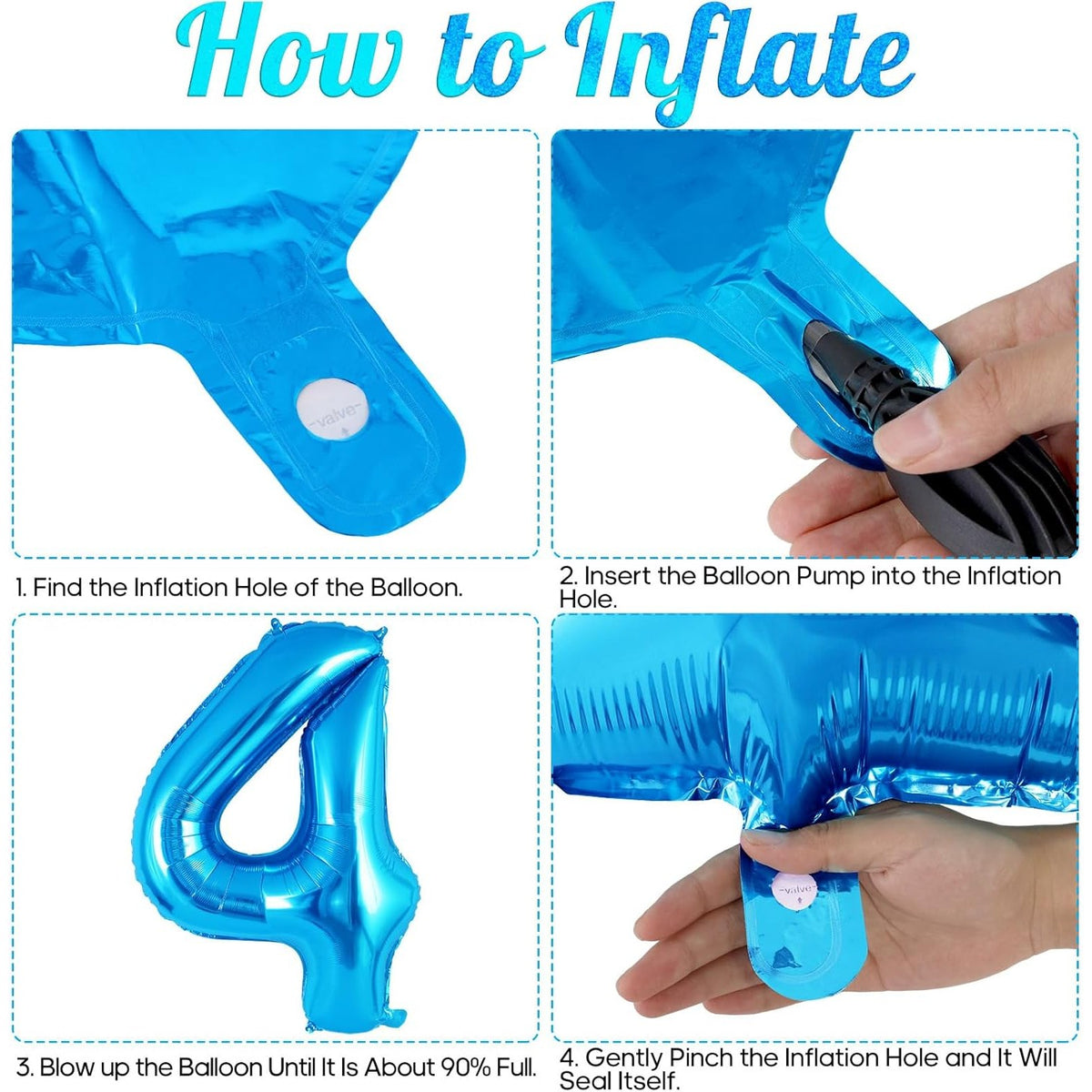 Balon Aniversar Figurina Cifra 4, Folie Metalizata, Umflare Aer sau Heliu, Include Pai, 80 cm, Albastru