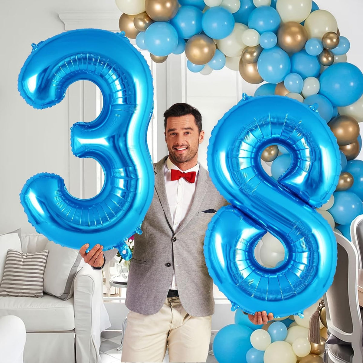 Balon Aniversar Cifra 3, Figurina din Folie Metalizata, Umflare cu Aer sau Heliu, Include Pai, Albastru, 80 cm