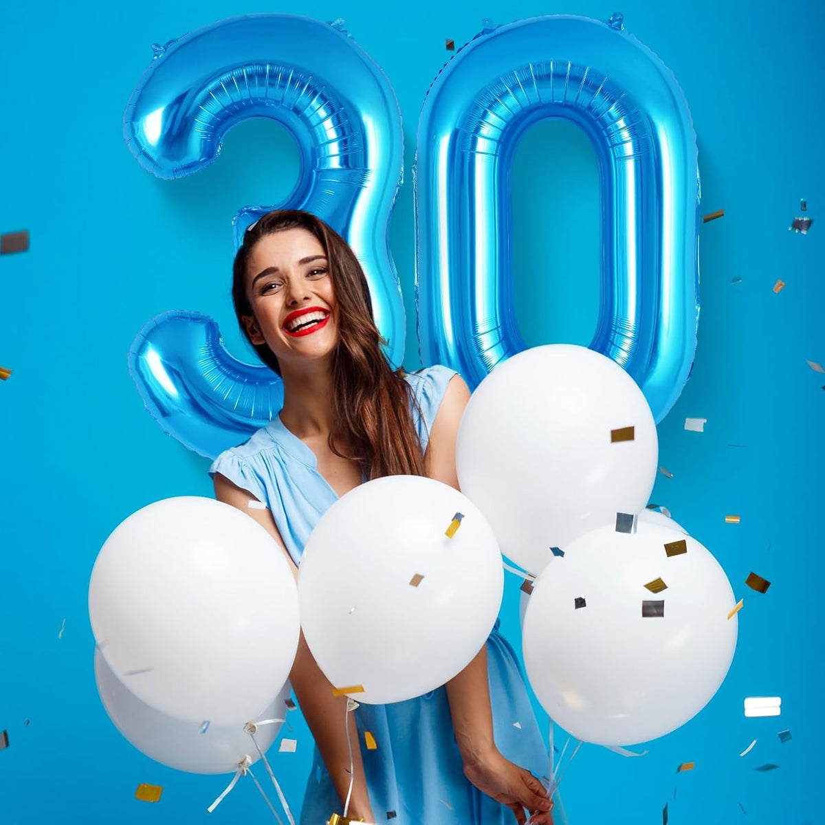 Balon Aniversar Figurina Cifra 0, Balon din Folie Metalizata, Umflare cu Aer sau Heliu, Inclus Pai pentru Umflare, Albastru, 80 cm