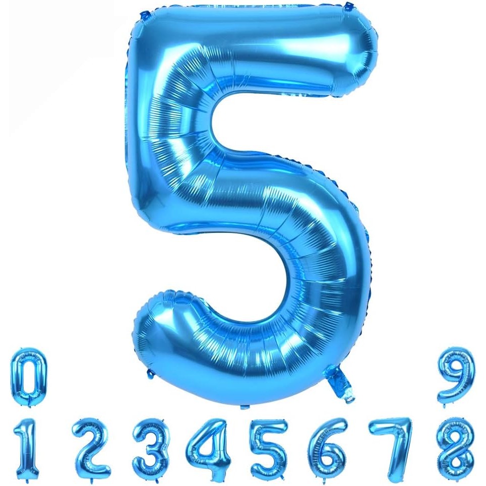 Balon Aniversar Figurina Cifra 5, Folie Metalizata, Umflare Aer sau Heliu, include Pai, 80 cm, Albastru