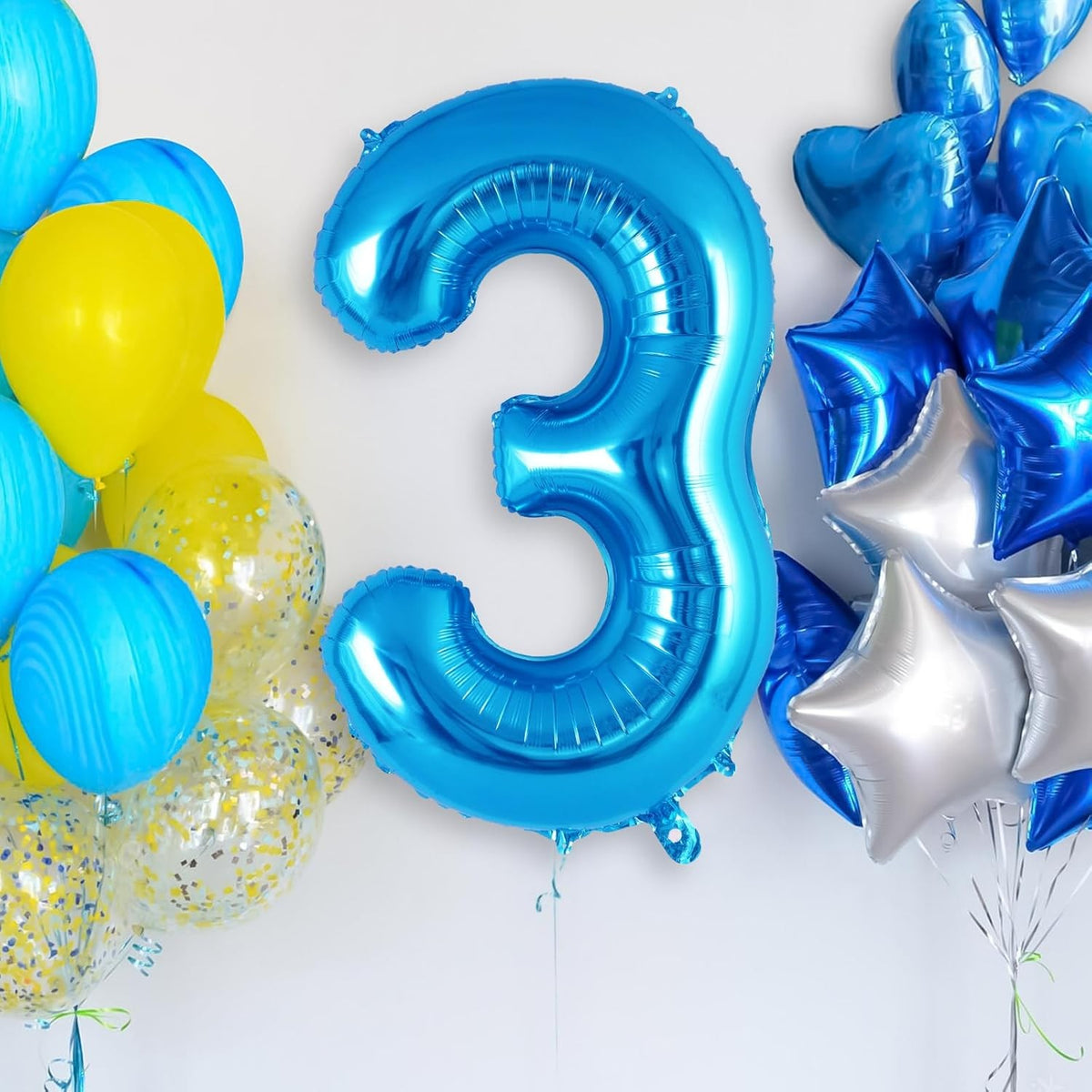 Balon Aniversar Cifra 3, Figurina din Folie Metalizata, Umflare Aer sau Heliu, include Pai, Albastru, 40 cm
