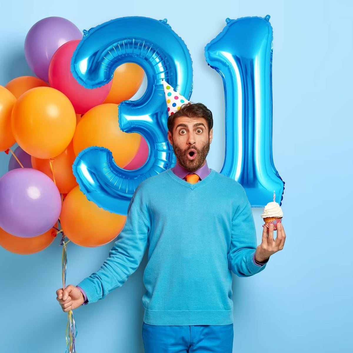 Balon Aniversar Cifra 1, Figurina din Folie Metalizata, Umflare Aer sau Heliu, Include Pai, Albastru, 40 cm