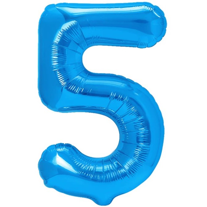 Balon Aniversar Cifra 5, Balon din Folie Metalizata pentru Petrecere, cu Pai Inclus, Albastru, 40 cm