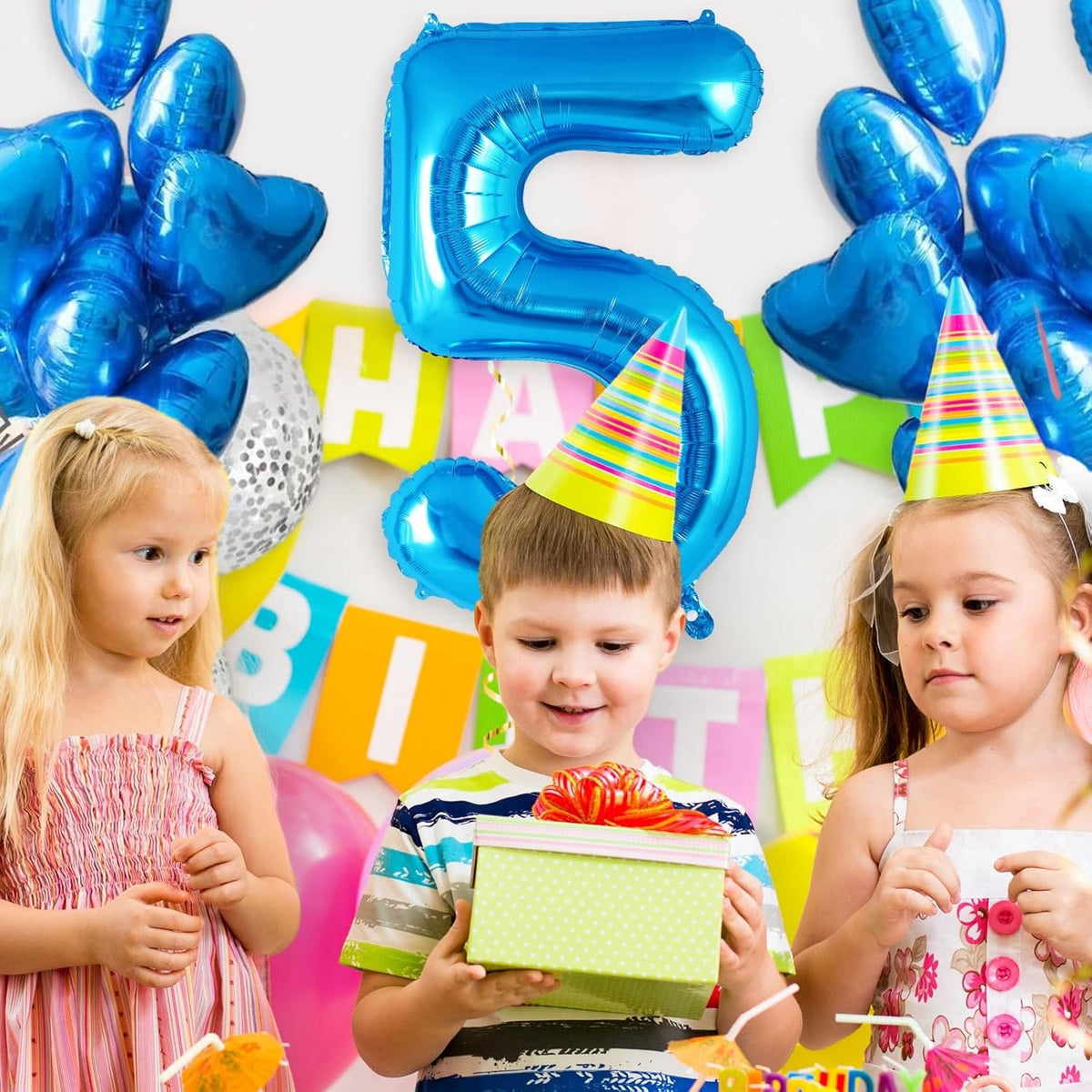 Balon Aniversar Cifra 5, Balon din Folie Metalizata pentru Petrecere, cu Pai Inclus, Albastru, 40 cm