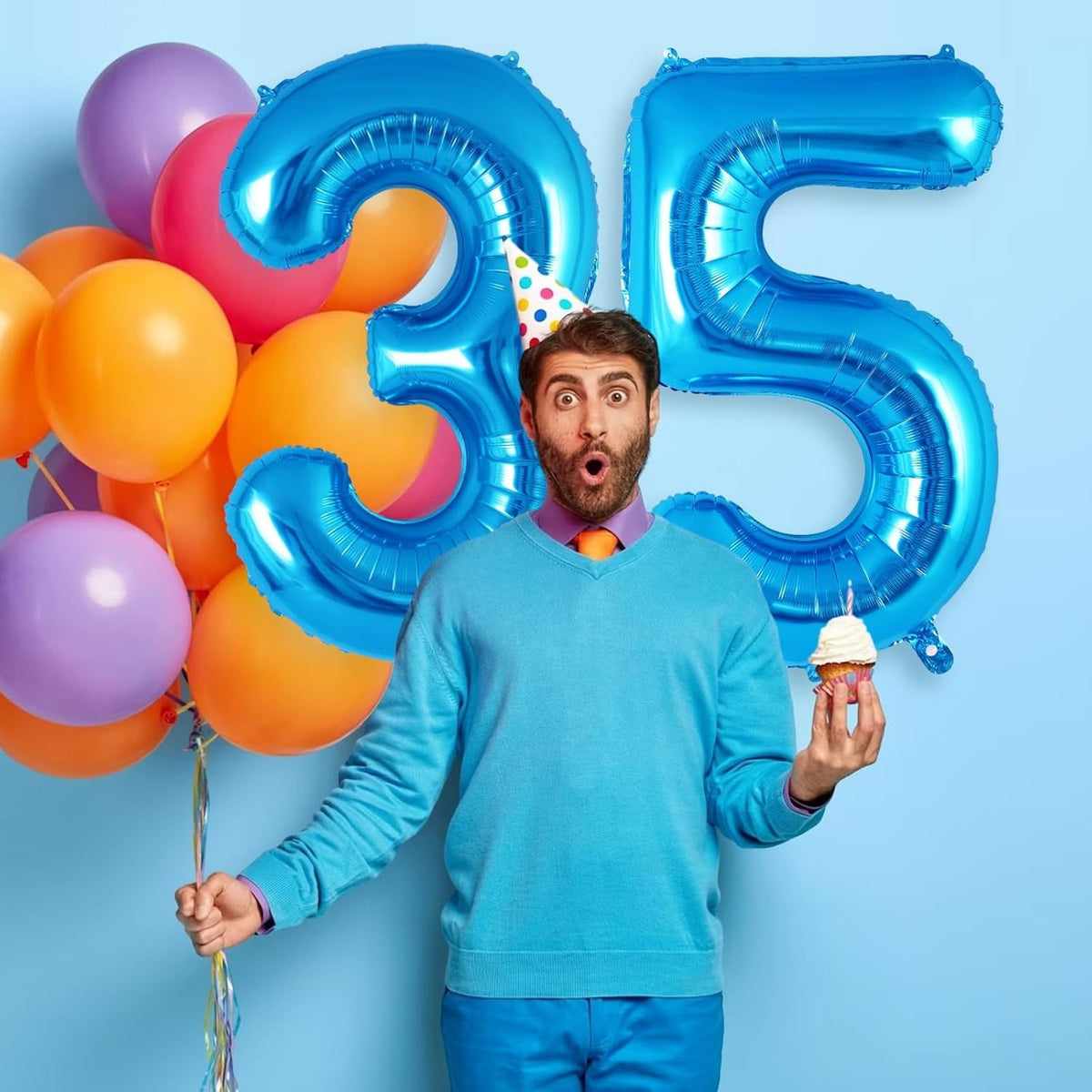 Balon Aniversar Cifra 5, Balon din Folie Metalizata pentru Petrecere, cu Pai Inclus, Albastru, 40 cm