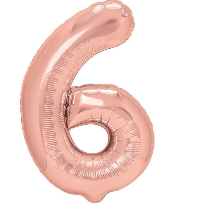 Balon Aniversar Cifra 6, Figurina din Folie Metalizata, Umflare cu Aer sau Heliu, Set cu Pai Inclus, 80 cm, Rose Gold