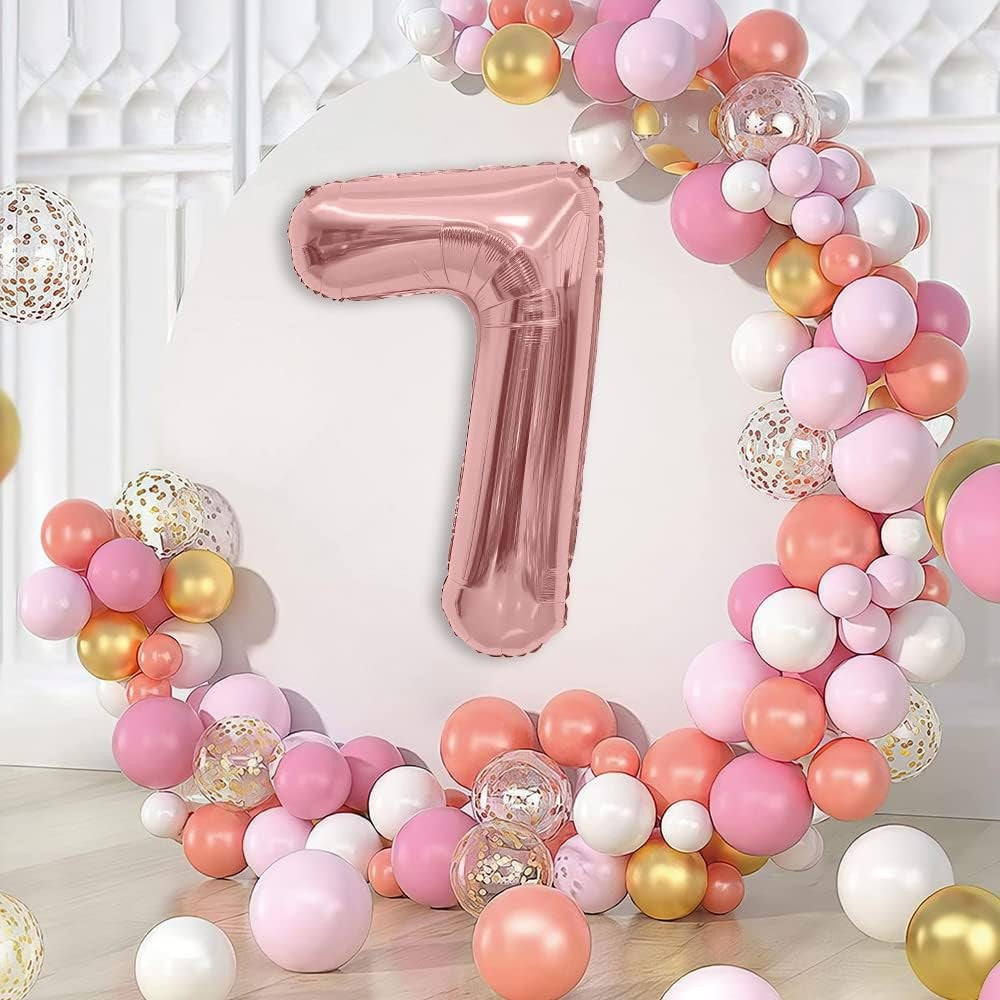 Balon Aniversar Cifra 7, Figurina din Folie Metalizata, Decoratiuni Petrecere, Umflare Aer sau Heliu, Pai Inclus, 80 cm, Rose Gold