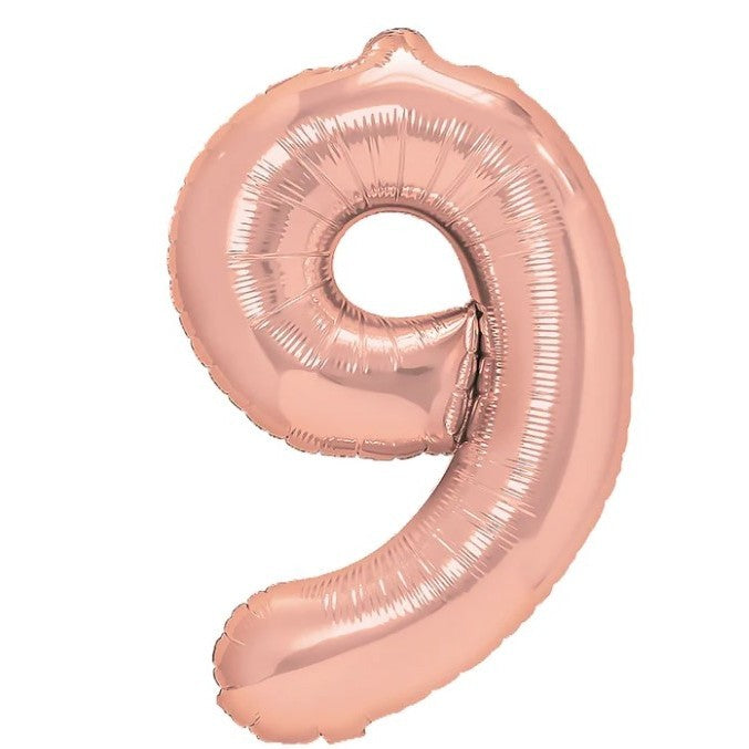 Balon Aniversar Cifra 9, Figurina din Folie Metalizata, Umflare cu Aer sau Heliu, Inclus Pai pentru Umflare, 80 cm, Rose Gold