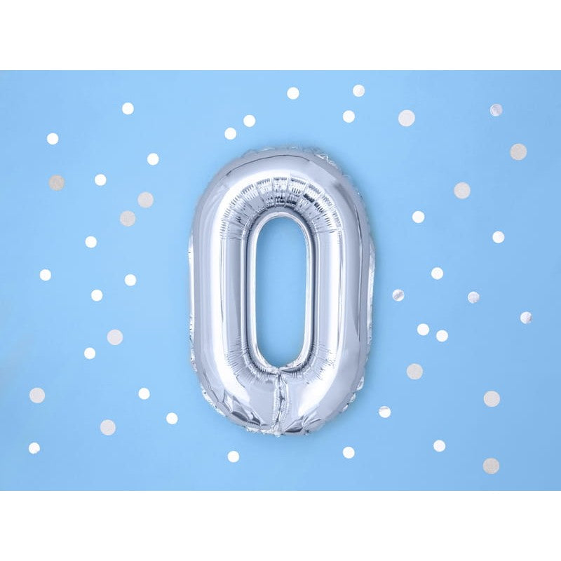 Balon Aniversar Cifra 0, Figurina din Folie Metalizata, Umflare Aer sau Heliu, Inaltime 80 cm, Pai Inclus, Argintiu