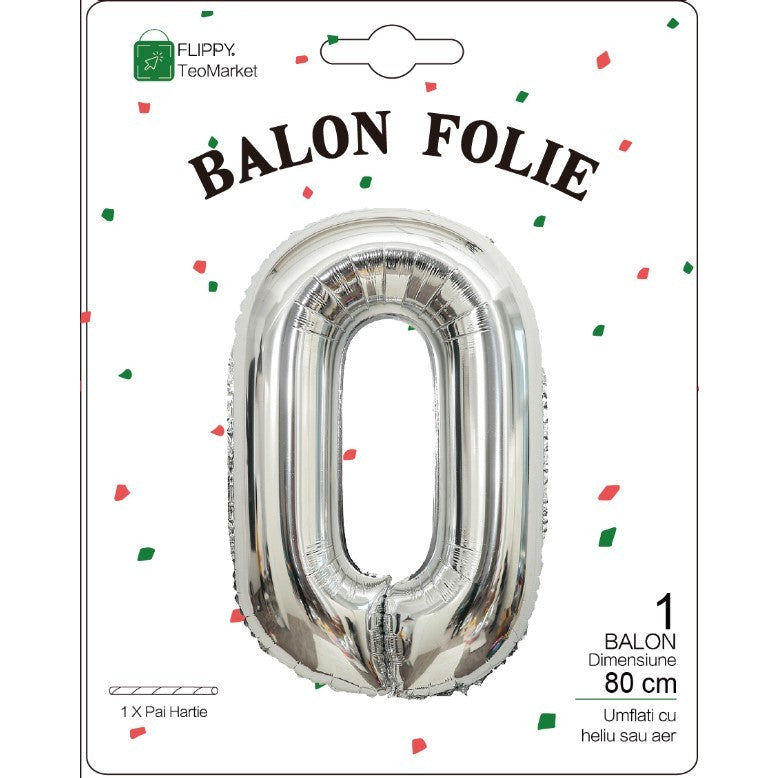 Balon Aniversar Cifra 0, Figurina din Folie Metalizata, Umflare Aer sau Heliu, Inaltime 80 cm, Pai Inclus, Argintiu