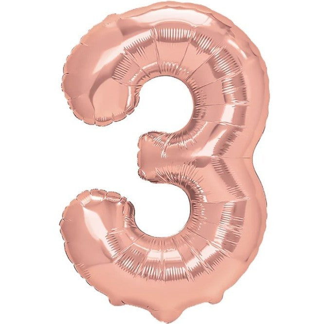 Balon Aniversar Cifra 3, Figurina din Folie Metalizata, Umflare cu Aer sau Heliu, Include Pai, Rose Gold, 80 cm