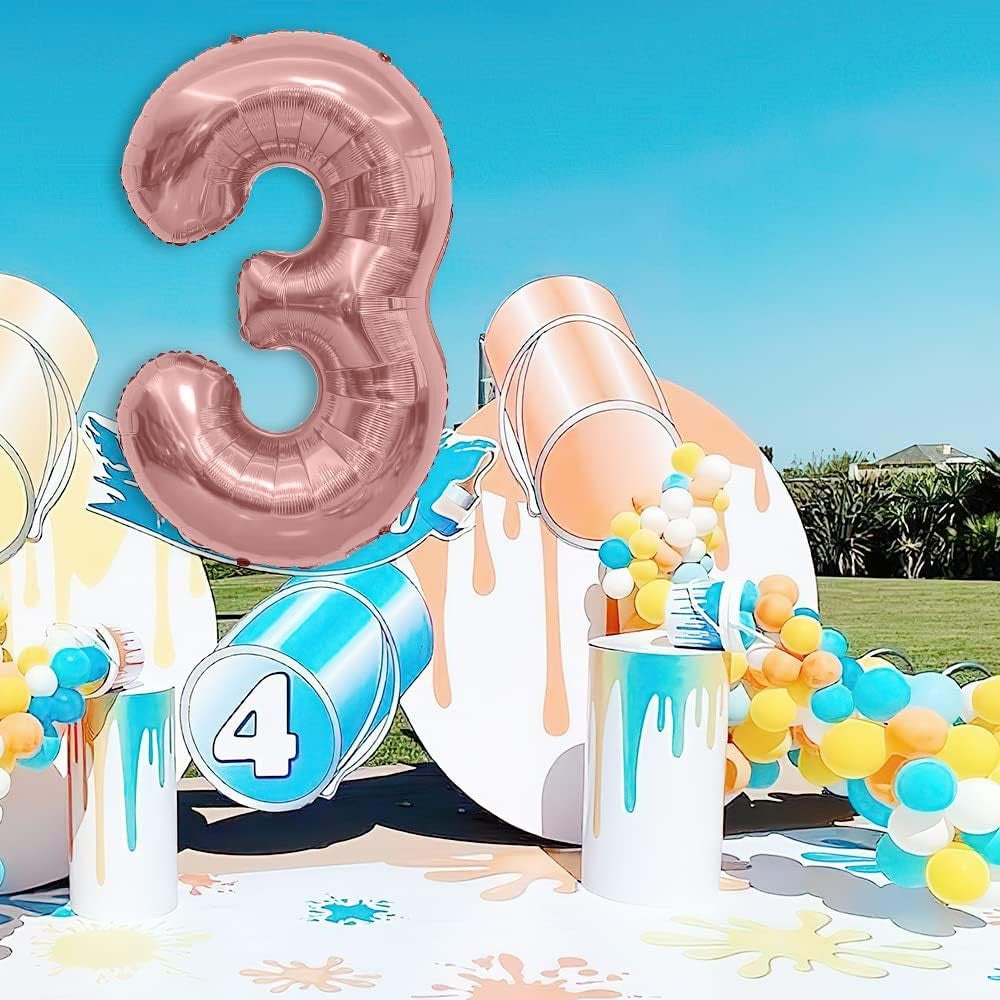 Balon Aniversar Cifra 3, Figurina din Folie Metalizata, Umflare cu Aer sau Heliu, Include Pai, Rose Gold, 80 cm