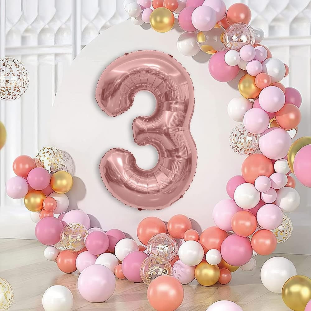 Balon Aniversar Cifra 3, Figurina din Folie Metalizata, Umflare cu Aer sau Heliu, Include Pai, Rose Gold, 80 cm