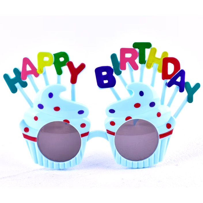 Ochelari Happy Birthday, Accesorii Aniversare cu Model Prajiturele, Protectie UV, Plastic, 18.5x11.5 cm, Albastru
