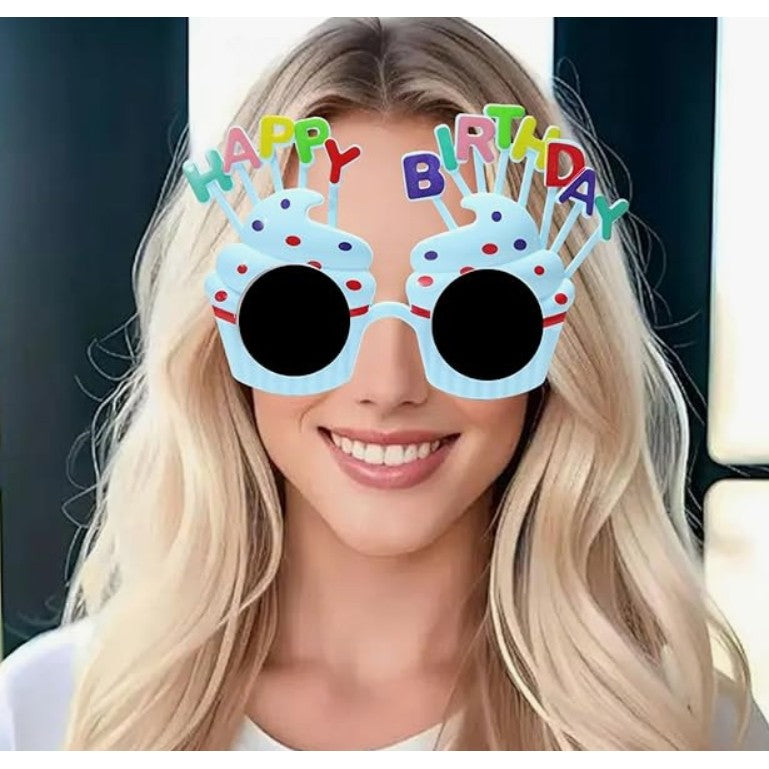 Ochelari Happy Birthday, Accesorii Aniversare cu Model Prajiturele, Protectie UV, Plastic, 18.5x11.5 cm, Albastru