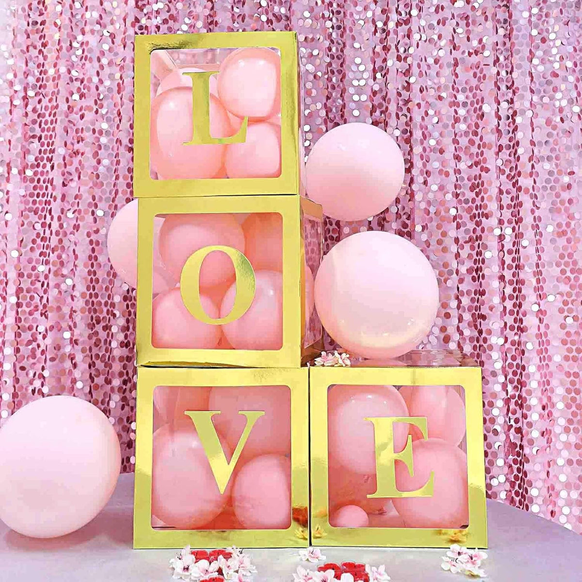 Set 4 Cutii Pentru Baloane, Cuburi Decorative Transparente Cu Contur Auriu, Accesorii Decor Petrecere Si Aniversare, Carton Si Plastic, 30 x 30 cm