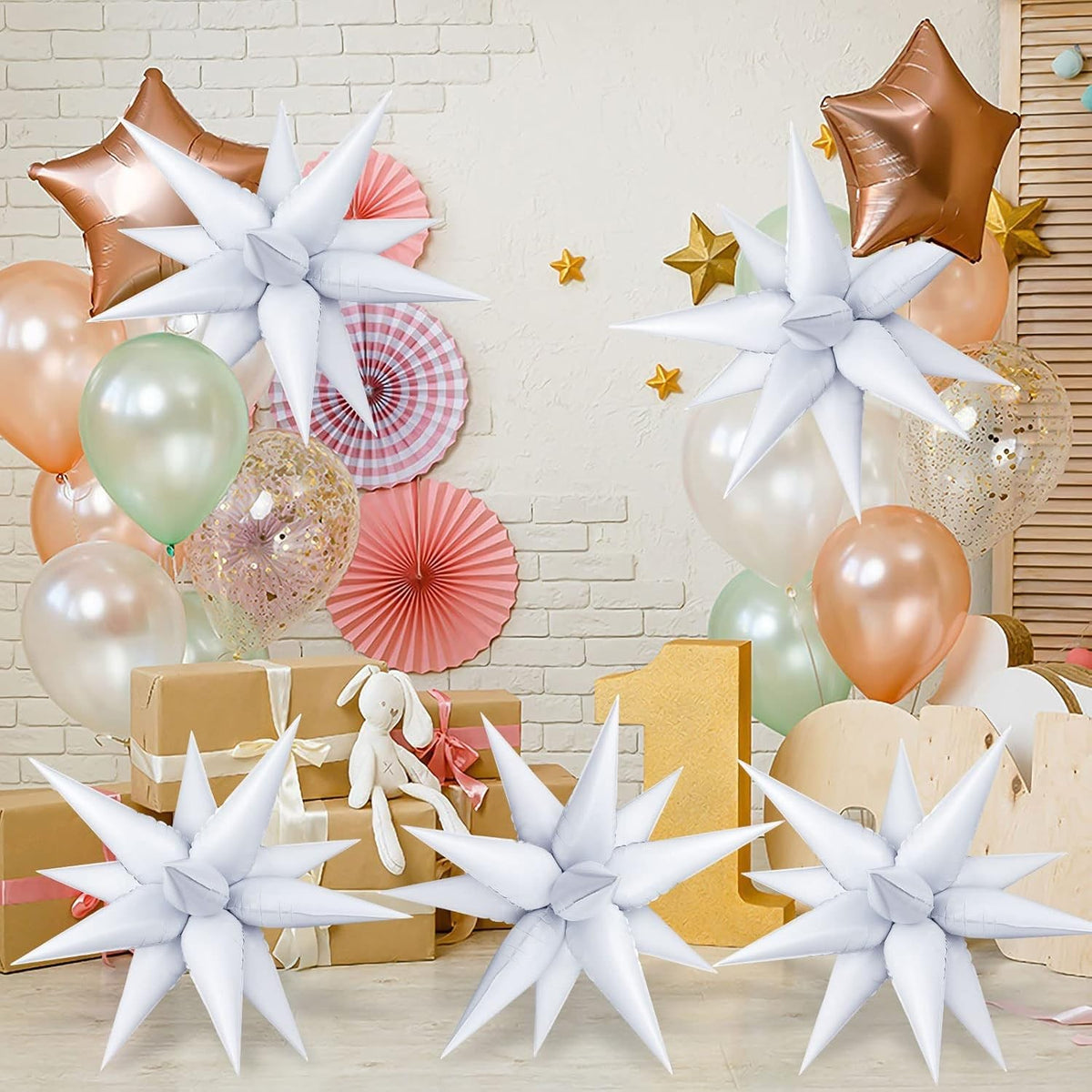 Balon din Folie Metalizata, Figurina Stea 3D, Umflare Aer sau Heliu, Aluminiu, Set cu Pai Inclus, 66 cm, Alb