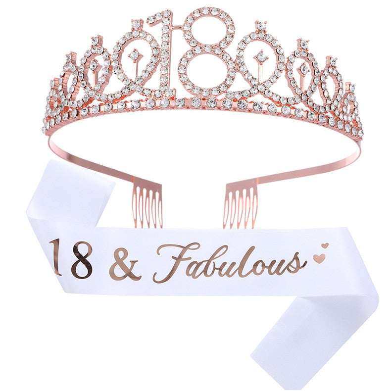 Set Accesorii Majorat cu Coronita Tip Tiara si Panglica 18 & Fabulous, Aliaj si Poliester, 15 x 13 x 5 cm, Rose si Alb, 2 Piese