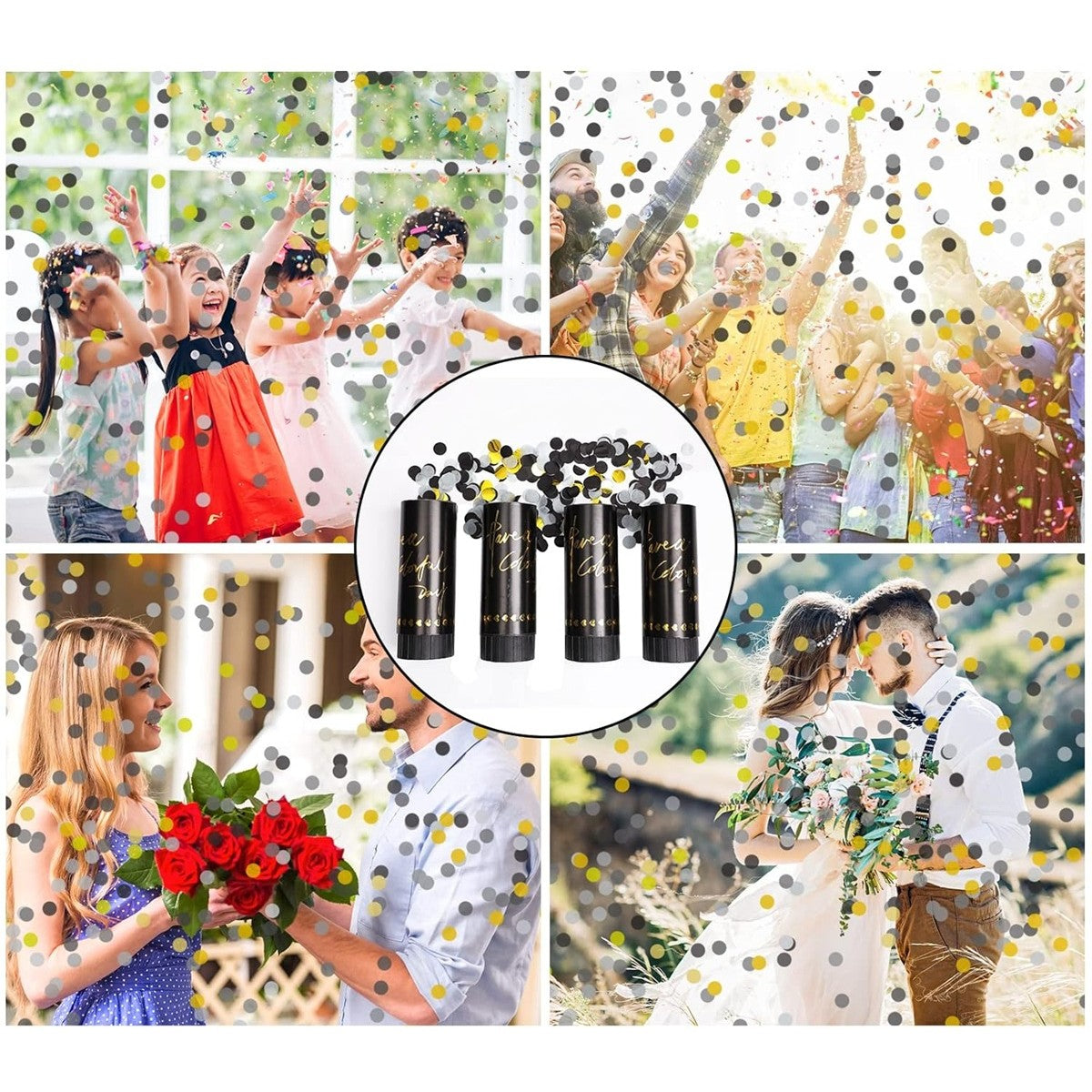 Tun Confetti Petrecere, Efect Spectaculos Biodegradabil, Hartie si Carton, Lungime 30 cm, 140 g, Negru/Auriu