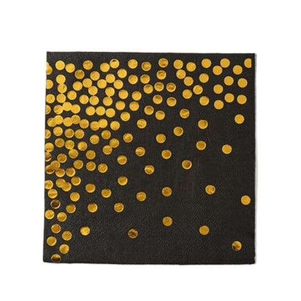 Set 20 Șervețele de Masă Festive, Design Elegant cu Buline Aurii, Hârtie Absorbantă de Calitate, Decor Masă Evenimente, Negru, 17 x 17 cm Pliate